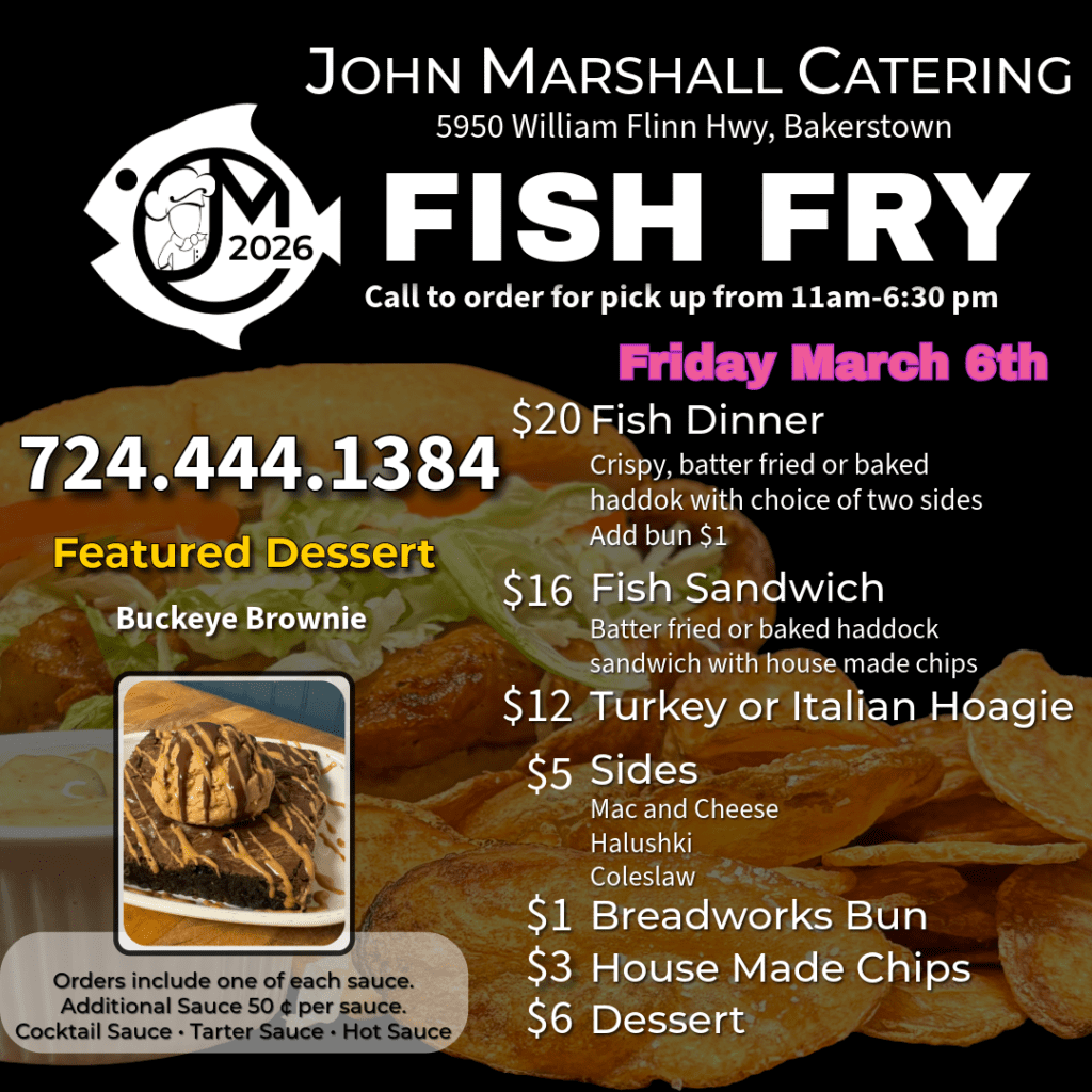 Fish Fry Friday 3/6/26 menu featuring Buckeyes Brownies