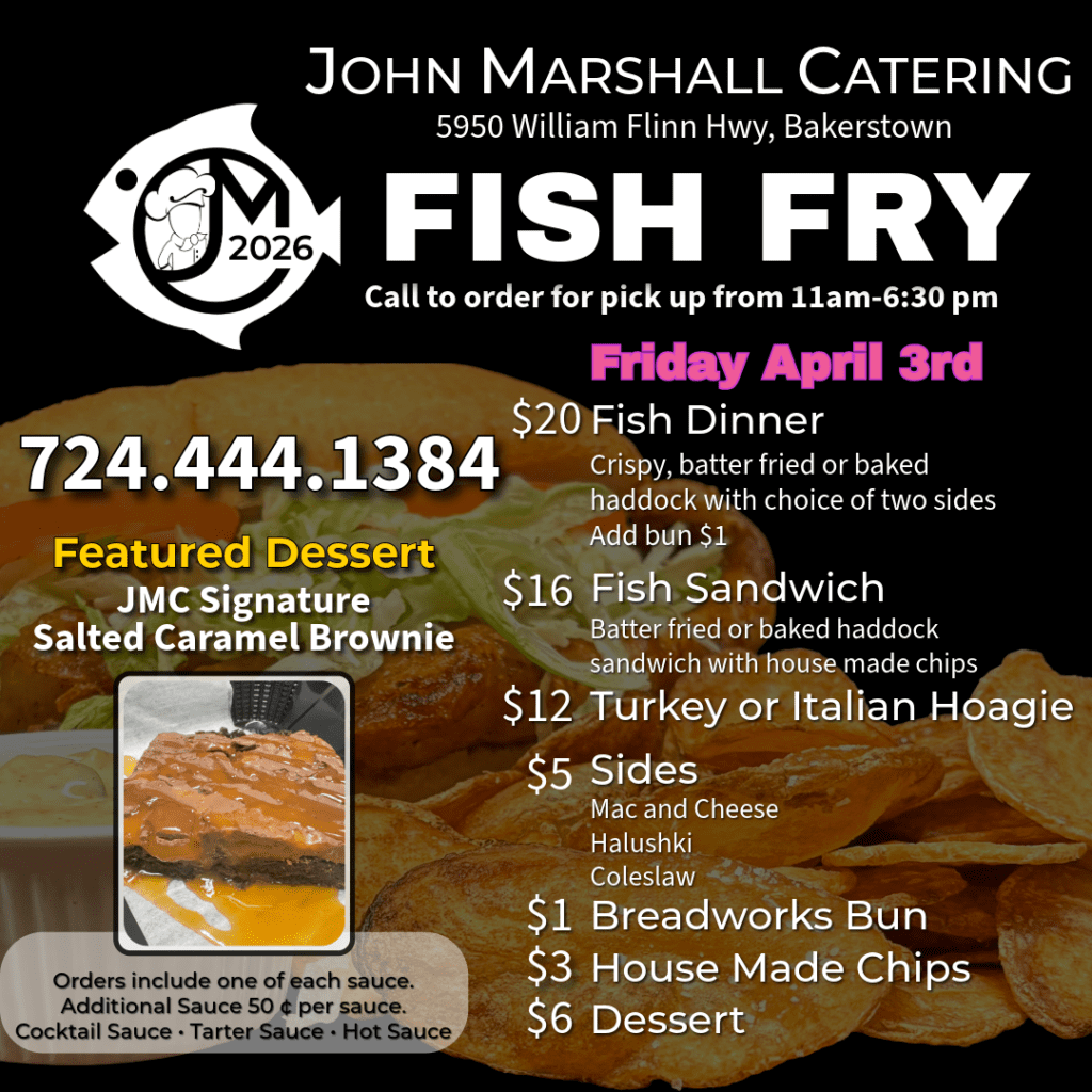 JMC Fish Fry Menu 4/3/2026 featuring JMC Signature Salted Caramel Brownies 